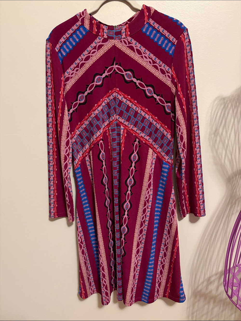 Free People Burgundy Patterned Long Sleeve Mini Dress